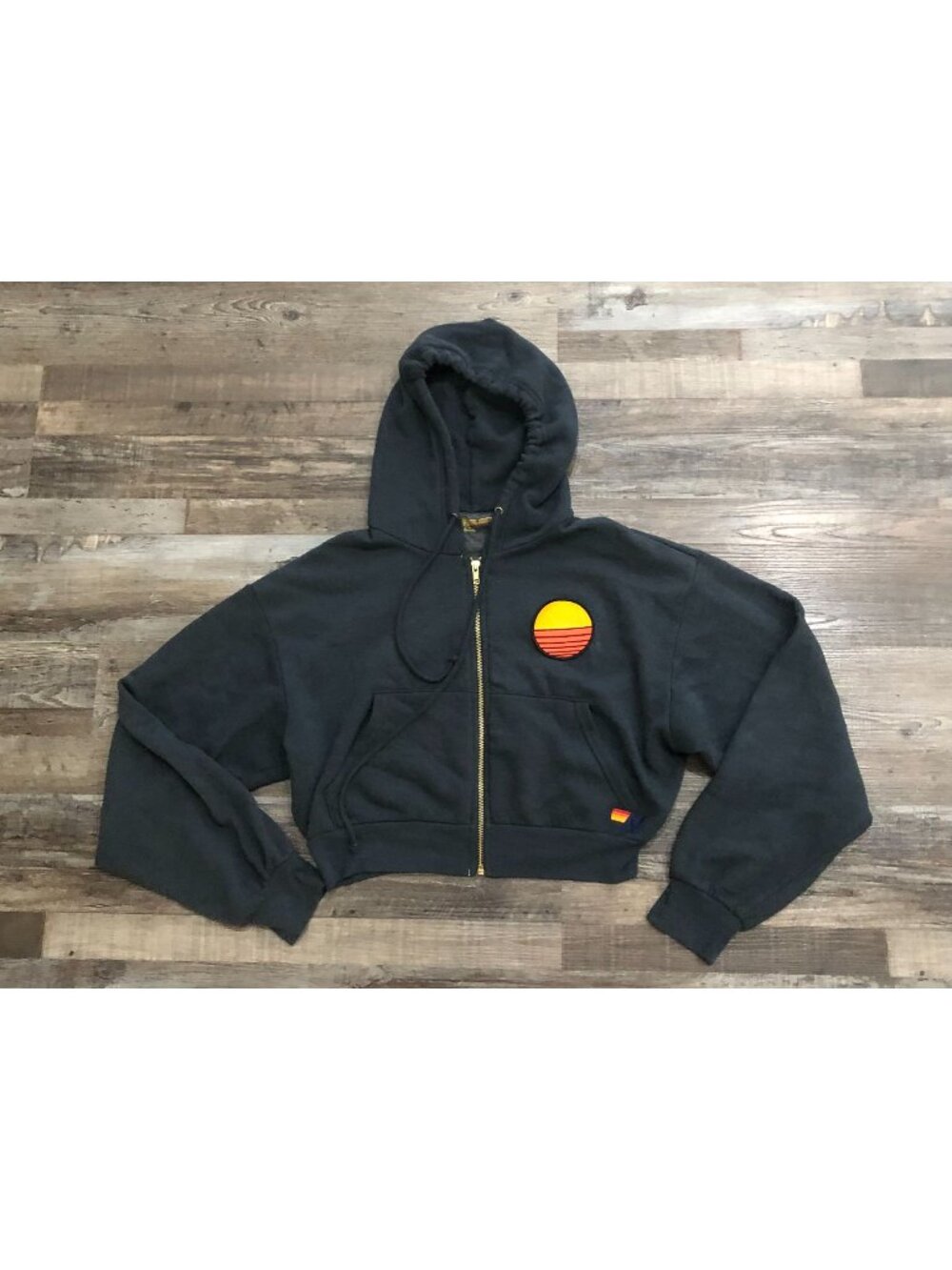 Aviator Nation Womens Small Blue Sunset Patch Relaxed Cropped Zip Hoodie